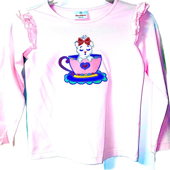 Hanna Andersson Teacup Maltese Pink Ruffled Shoulder Long Sleeve Shirt Size 120 - Picture 1 of 6